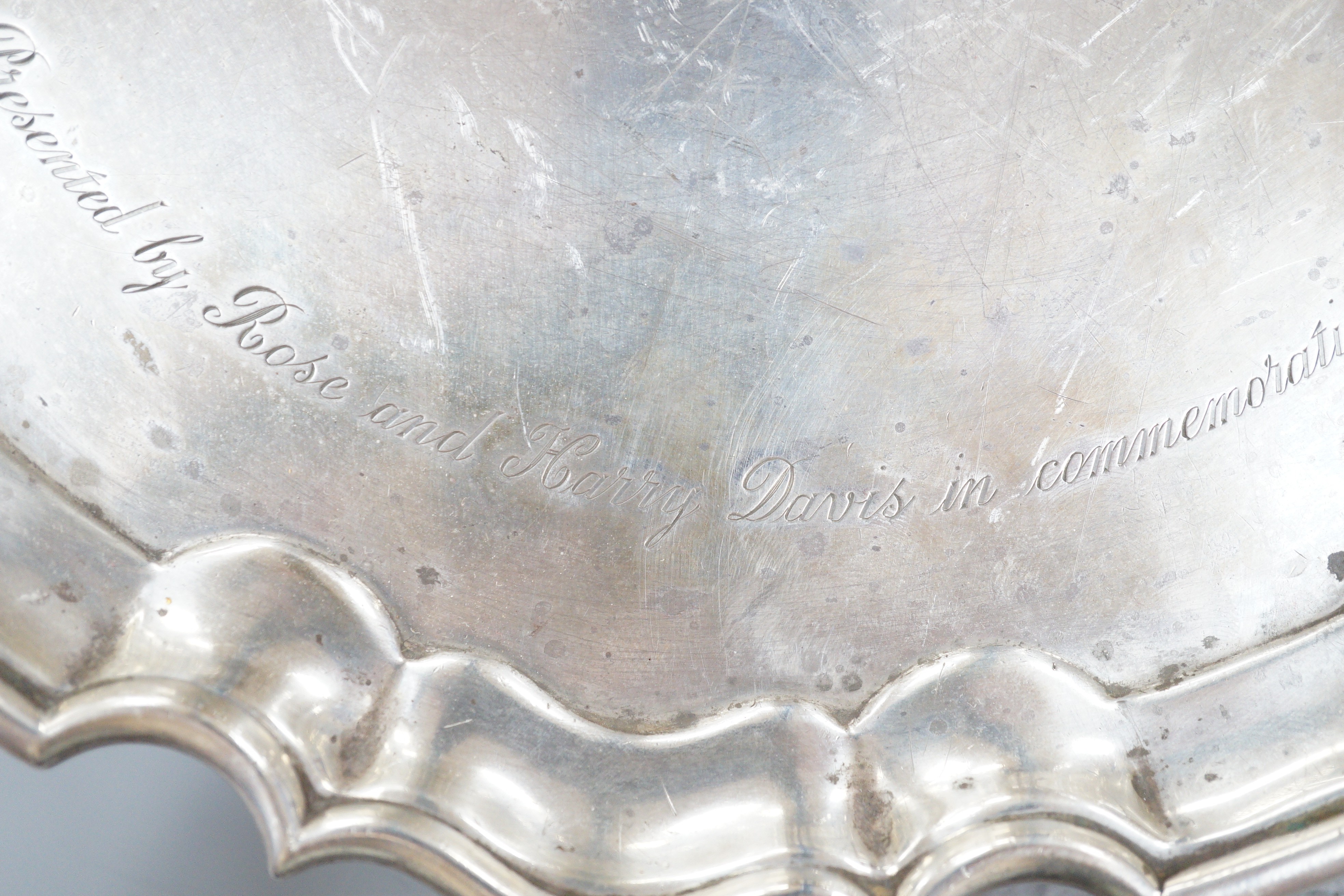 A late Victorian silver salver with later engraved inscription, Goldsmiths & Silversmiths Co Ltd, London, 1899, 25.7cm